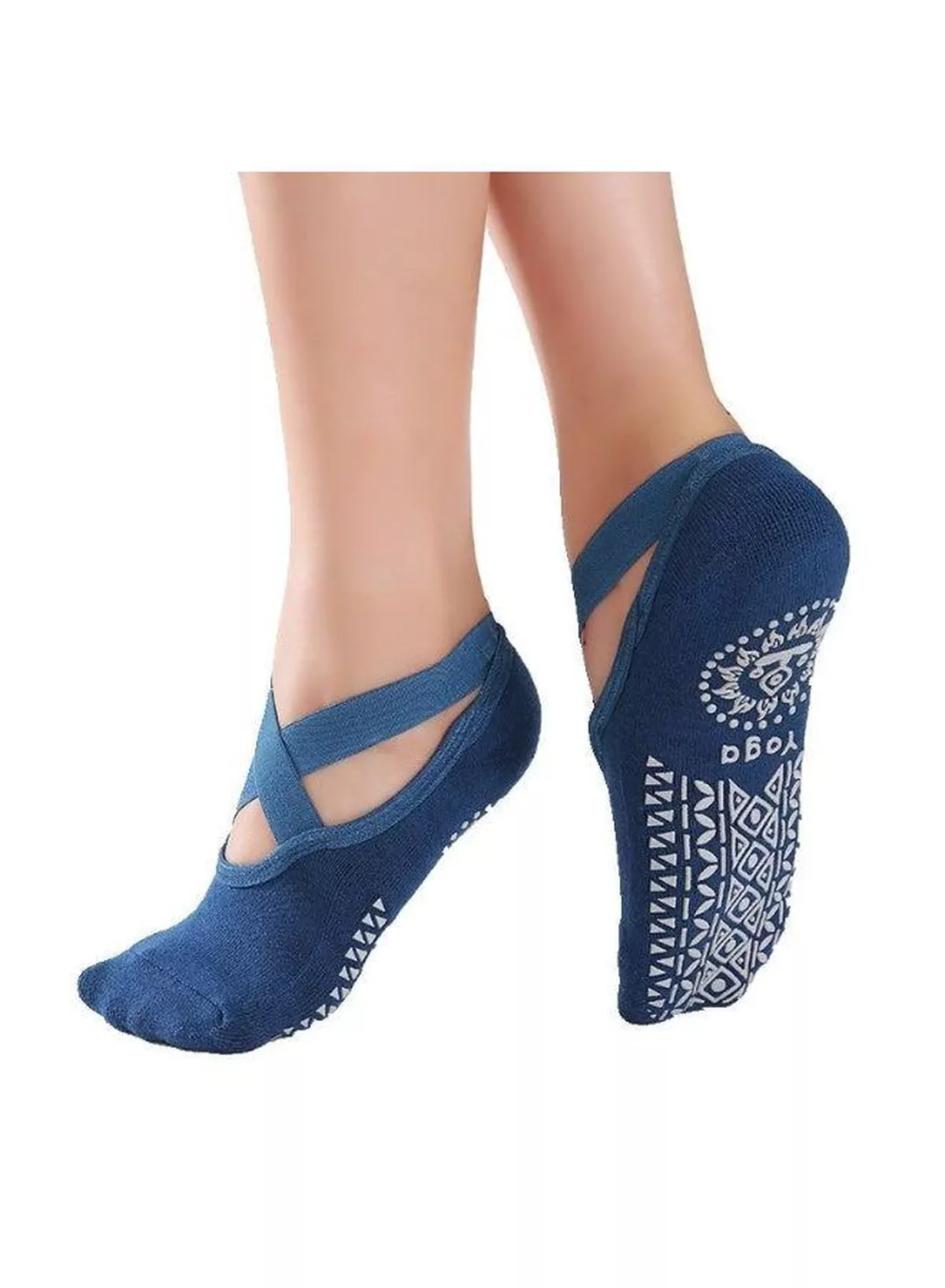 Stylish Women’s Non-Slip Yoga Socks with Criss Cross Straps, Pilates Grip Socks, Breathable Ballet Dance Socks with Printed Sole for Barre, Gym, Fitness, Exercise Classes and Comfortable Home Wear-1-1