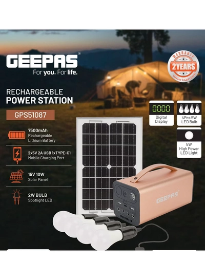 Geepas Rechargeable Power Station With 7500 mAh Rechargeable Lithium Battery, 2X5V 2A USB, 1 X Type C1 Mobile Charging Port, 15V 10W Solar Panel, Spotlight LED, Aluminum Alloy Body, Digital Display-0