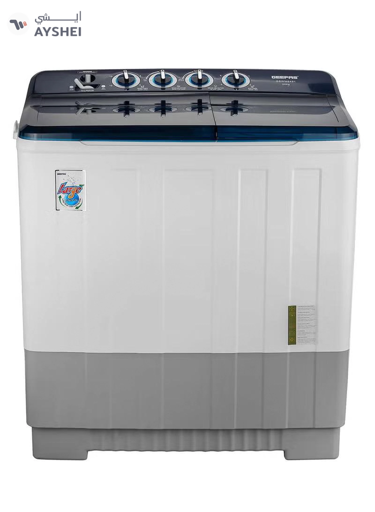 GEEPAS 20 Kg Twin Tub Semi-Automatic Washing Machine | 10 Kg Spin, Top Load | Energy-Efficient, Dual Wash/Spin Motor | White/Blue/Gray 20 kg 960 W GSWM6491 White/Blue/Gray-4-4