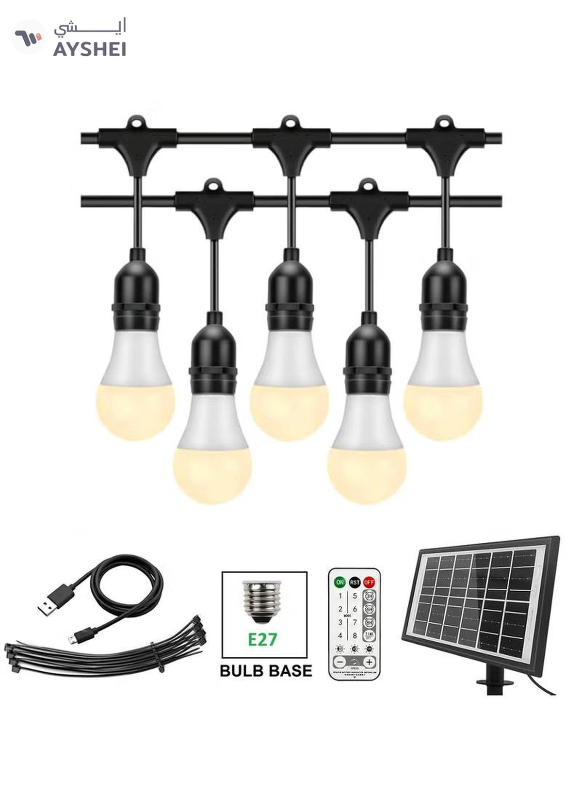 Yuwell Outdoor Waterproof IP65 Led String Lights E27 Holder 10 Meter Bulb Holder Wire With 20 Bulbs 9W Warm White With EU Plug Solar Bulb Holder For Ramadan Decoration Lights And Outdoor Decoration Light Hanging Light 6000mAh & USB-C, String Lights With Remote Control And 8 Modes Ramadan Light With Cable Ties-1-1
