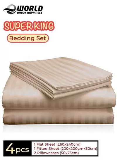 4-Piece Luxury Super King Cream Striped Bedding Set (Flat Sheet 260×240 cm, Fitted Sheet 200×200+30 cm, 2 Pillowcases 50×75 cm) – Premium Microfiber, Hotel-Style Comfort-0