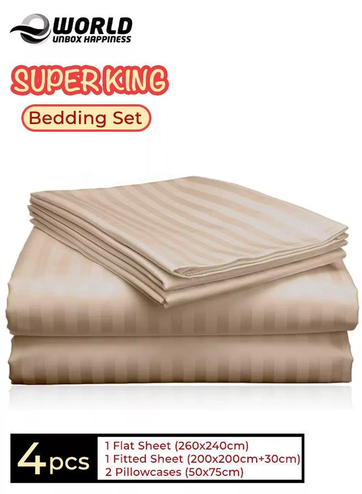 4-Piece Luxury Super King Cream Striped Bedding Set (Flat Sheet 260×240 cm, Fitted Sheet 200×200+30 cm, 2 Pillowcases 50×75 cm) – Premium Microfiber, Hotel-Style Comfort