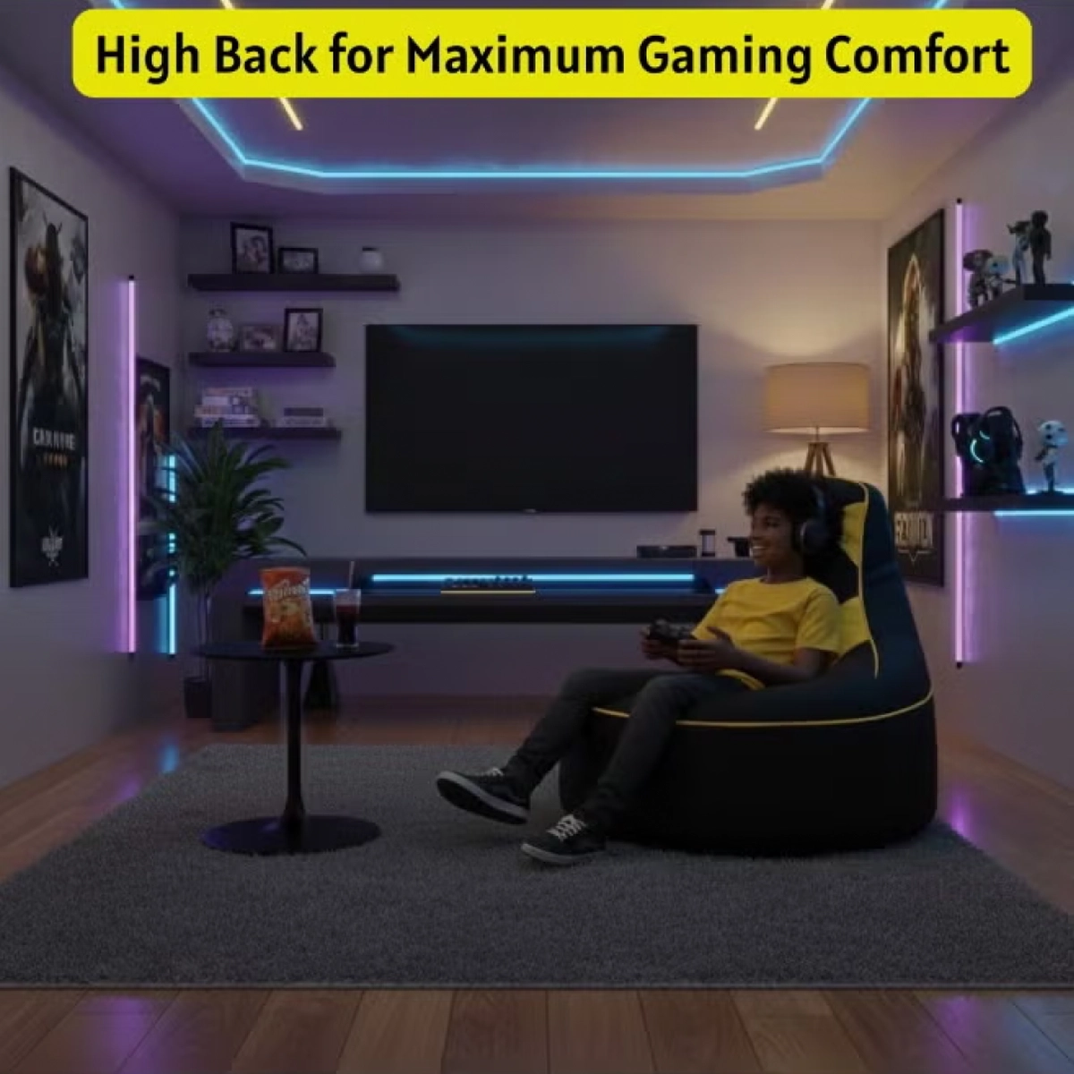 Premium Filled Gaming Bean Bag Chair – High-Back Quilted Seat, Side Pockets, Headphone Hanger & Water-Repellent Fabric – Ergonomic Support for Gaming, Lounge & Movie Nights-6-6