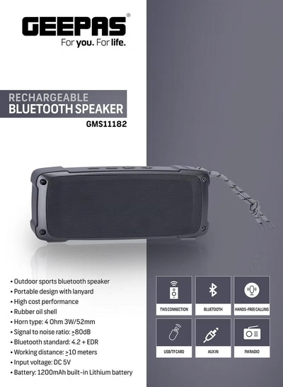 GEEPAS Rechargeable Bluetooth Speaker with Multiple Functions (TF Card/ AUX/ USB/ TWS/ BT/ FM, Hands Free Calling), Black-4