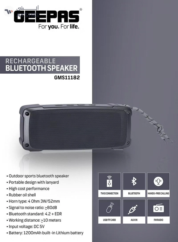 GEEPAS Rechargeable Bluetooth Speaker with Multiple Functions (TF Card/ AUX/ USB/ TWS/ BT/ FM, Hands Free Calling), Black