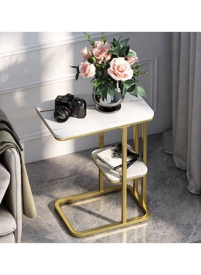 DubaiGallery Rectangular Side Table, 2-Tier Sofa Table Marble Veneer Wooden Coffee Table Home Living Room-0