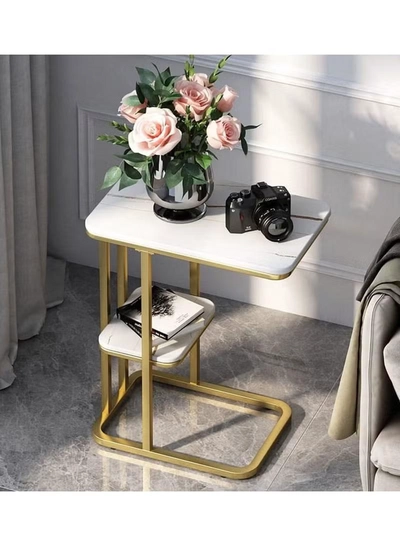 DubaiGallery Rectangular Side Table, 2-Tier Sofa Table Marble Veneer Wooden Coffee Table Home Living Room-3