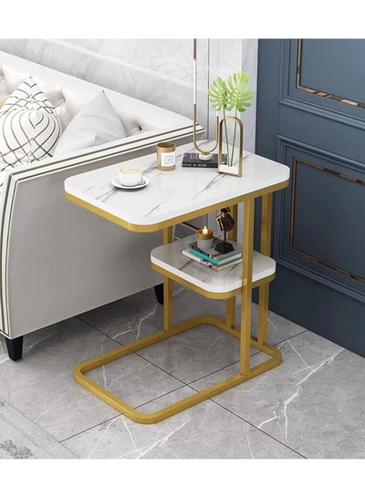 DubaiGallery Rectangular Side Table, 2-Tier Sofa Table Marble Veneer Wooden Coffee Table Home Living Room-2