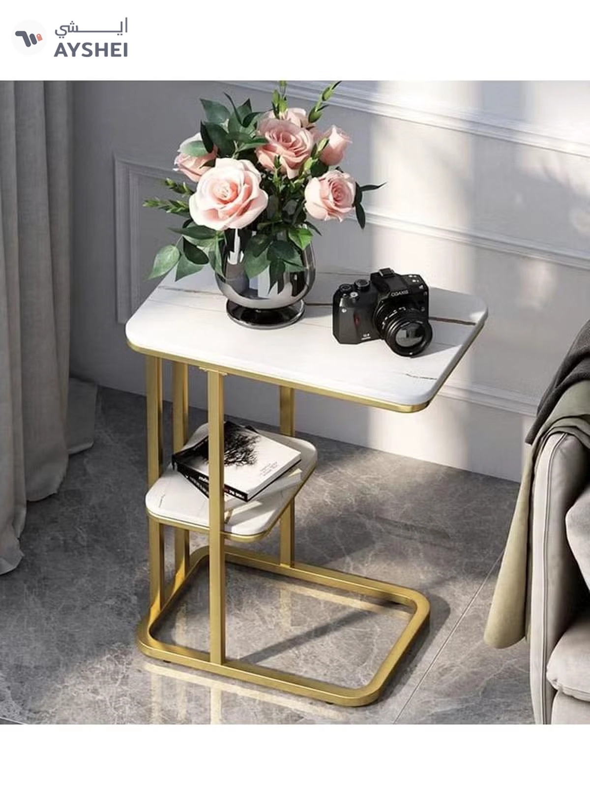 DubaiGallery Rectangular Side Table, 2-Tier Sofa Table Marble Veneer Wooden Coffee Table Home Living Room-3-3