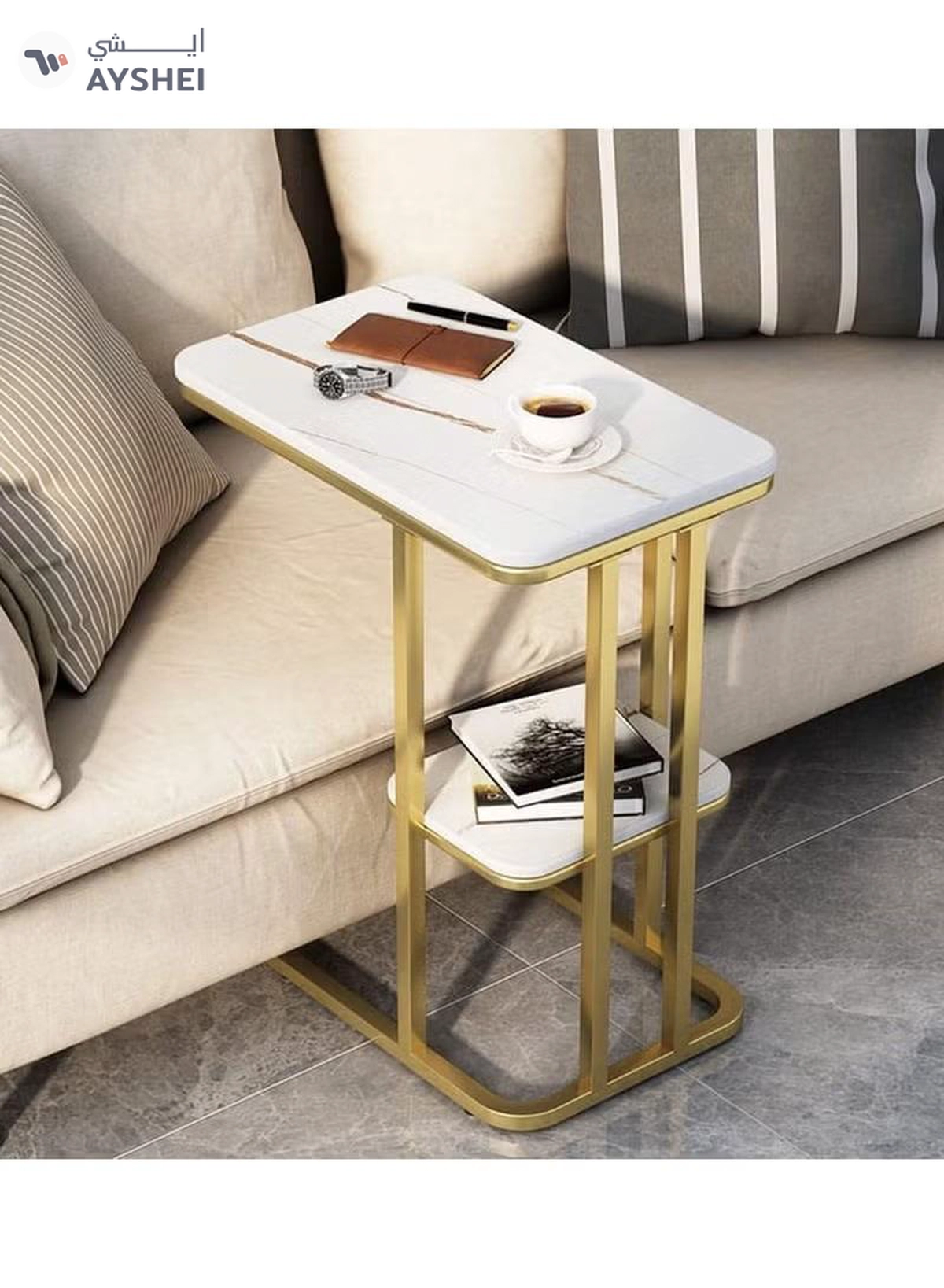 DubaiGallery Rectangular Side Table, 2-Tier Sofa Table Marble Veneer Wooden Coffee Table Home Living Room-1-1