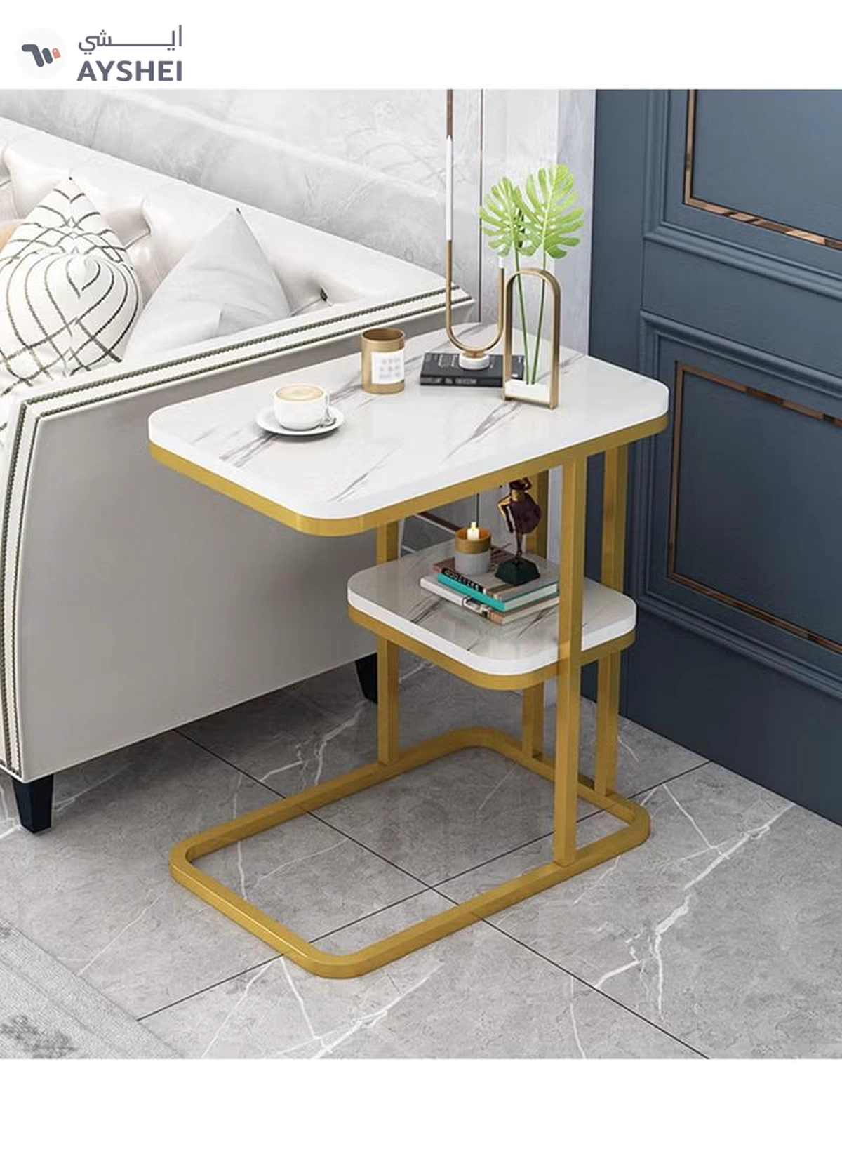 DubaiGallery Rectangular Side Table, 2-Tier Sofa Table Marble Veneer Wooden Coffee Table Home Living Room-2-2