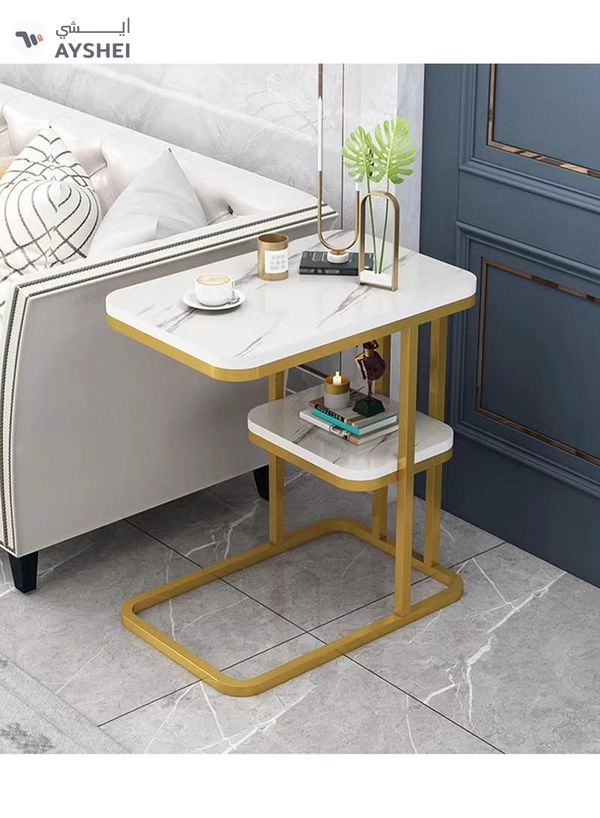 DubaiGallery Rectangular Side Table, 2-Tier Sofa Table Marble Veneer Wooden Coffee Table Home Living Room