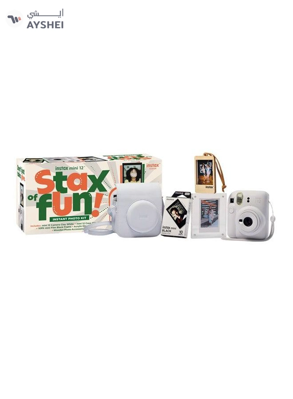 Fujifilm Instax Mini12 Instant Camera Kit (Clay White) Mini12 Camera case White,instax mini film 10pk Black frame, Acrylic Photo Frame,Wooden Photo Bag Tag/ornament
