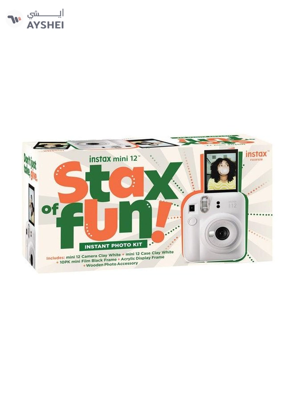 Fujifilm Instax Mini12 Instant Camera Kit (Clay White) Mini12 Camera case White,instax mini film 10pk Black frame, Acrylic Photo Frame,Wooden Photo Bag Tag/ornament