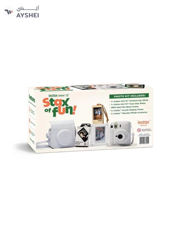 Fujifilm Instax Mini12 Instant Camera Kit (Clay White) Mini12 Camera case White,instax mini film 10pk Black frame, Acrylic Photo Frame,Wooden Photo Bag Tag/ornament