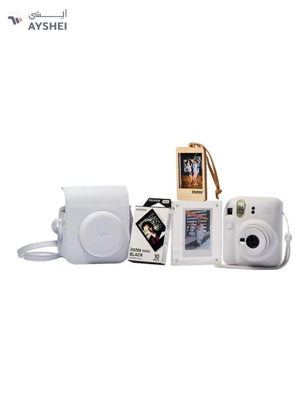 Fujifilm Instax Mini12 Instant Camera Kit (Clay White) Mini12 Camera case White,instax mini film 10pk Black frame, Acrylic Photo Frame,Wooden Photo Bag Tag/ornament