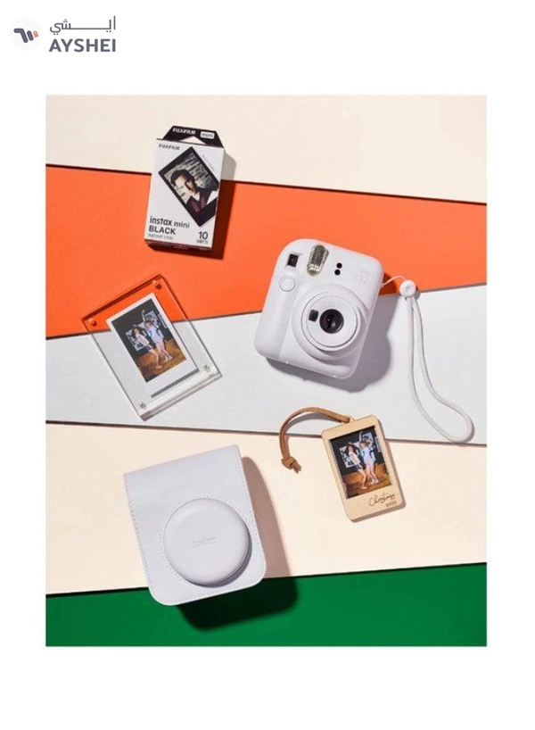 Fujifilm Instax Mini12 Instant Camera Kit (Clay White) Mini12 Camera case White,instax mini film 10pk Black frame, Acrylic Photo Frame,Wooden Photo Bag Tag/ornament