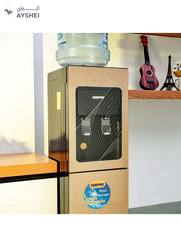 GEEPAS Top Loaded Water Dispenser with Refrigerator - High-Quality Food Grade Stainless Steel Tank Non-Dust Adhesive Prevents Bacteria | 2 Taps -Hot Or Cold, No Water Leakage, Low Cost | Easy to Install | Ideal for Home Office & More GWD8363 Silver/Black/Yellow
