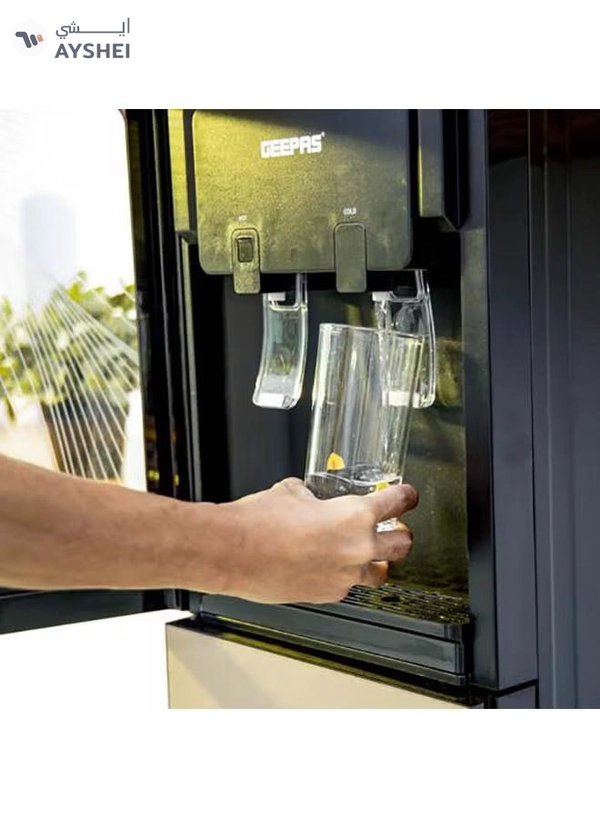 GEEPAS Top Loaded Water Dispenser with Refrigerator - High-Quality Food Grade Stainless Steel Tank Non-Dust Adhesive Prevents Bacteria | 2 Taps -Hot Or Cold, No Water Leakage, Low Cost | Easy to Install | Ideal for Home Office & More GWD8363 Silver/Black/Yellow