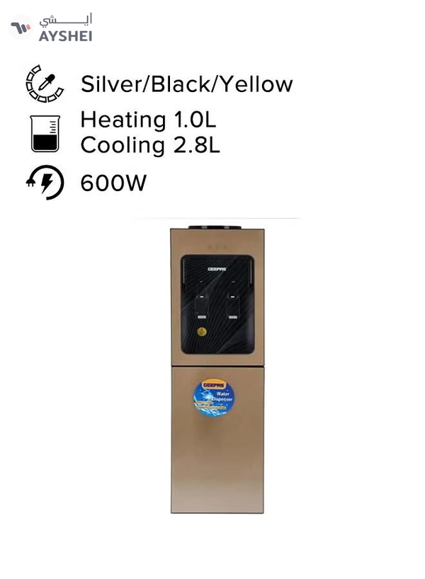 GEEPAS Top Loaded Water Dispenser with Refrigerator - High-Quality Food Grade Stainless Steel Tank Non-Dust Adhesive Prevents Bacteria | 2 Taps -Hot Or Cold, No Water Leakage, Low Cost | Easy to Install | Ideal for Home Office & More GWD8363 Silver/Black/Yellow