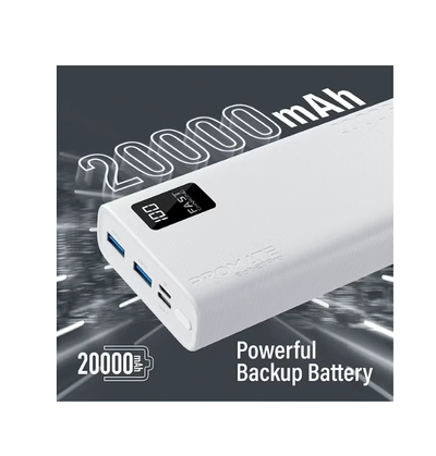 PROMATE 20000 mAh Bolt Compact Smart Charging Power Bank With Dual USB-A & USB-C Output 10W White-1