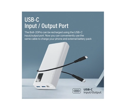 PROMATE 20000 mAh Bolt Compact Smart Charging Power Bank With Dual USB-A & USB-C Output 10W White-3
