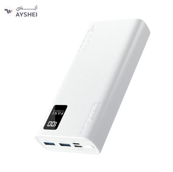 PROMATE 20000 mAh Bolt Compact Smart Charging Power Bank With Dual USB-A & USB-C Output 10W White