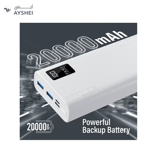 PROMATE 20000 mAh Bolt Compact Smart Charging Power Bank With Dual USB-A & USB-C Output 10W White