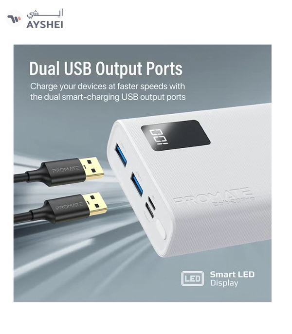 PROMATE 20000 mAh Bolt Compact Smart Charging Power Bank With Dual USB-A & USB-C Output 10W White