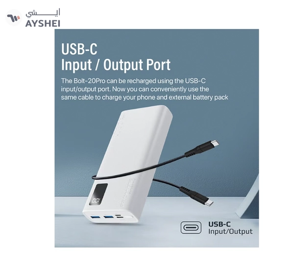 PROMATE 20000 mAh Bolt Compact Smart Charging Power Bank With Dual USB-A & USB-C Output 10W White