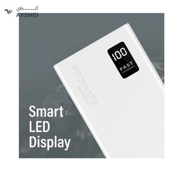 PROMATE 20000 mAh Bolt Compact Smart Charging Power Bank With Dual USB-A & USB-C Output 10W White