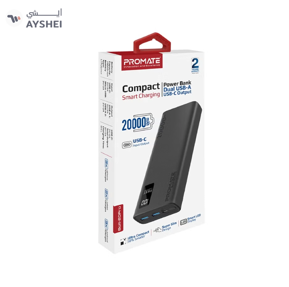 PROMATE 20000 mAh Bolt Compact Smart Charging Power Bank With Dual USB-A & USB-C Output 10W White-8-8