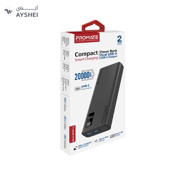PROMATE 20000 mAh Bolt Compact Smart Charging Power Bank With Dual USB-A & USB-C Output 10W White