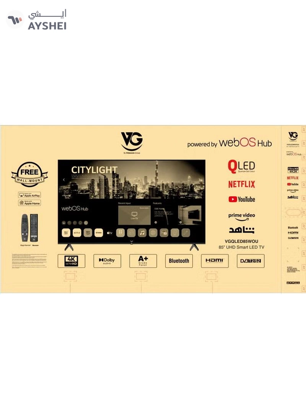 VG 85 Inch QLED 4K UHD Smart TV | WebOS Hub, A+ Grade Panel, Dolby Audio, Magic Remote, Apple AirPlay, Wifi, Bluetooth, YouTube, Netflix, Prime Video, Shahid – (VGQLED85WOU - 2025)