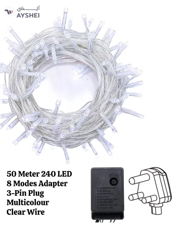 Yuwell 50 Meter 240 LED String Lights Decoration Lights RGB Light 8 Modes Led Light Clear Wire For Home Decorations Ramadan Lights Indoor & Outdoor Decoration Ramadan Decoration Light Diwali Lights Curtain Lights With 3-Pin Uk Plug