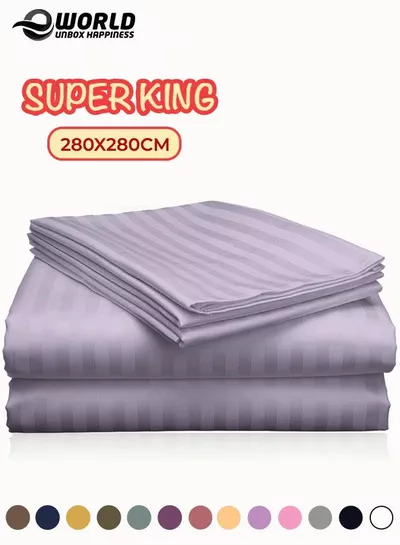 3 Piece Super King Lilac Striped Bed Sheet Set – Ultra-Soft Microfiber Striped Sheet & 2 Pillowcases, Breathable Luxury Bedding for Home & Hotel Use-0