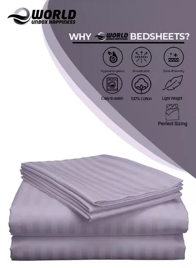 3 Piece Super King Lilac Striped Bed Sheet Set – Ultra-Soft Microfiber Striped Sheet & 2 Pillowcases, Breathable Luxury Bedding for Home & Hotel Use-2