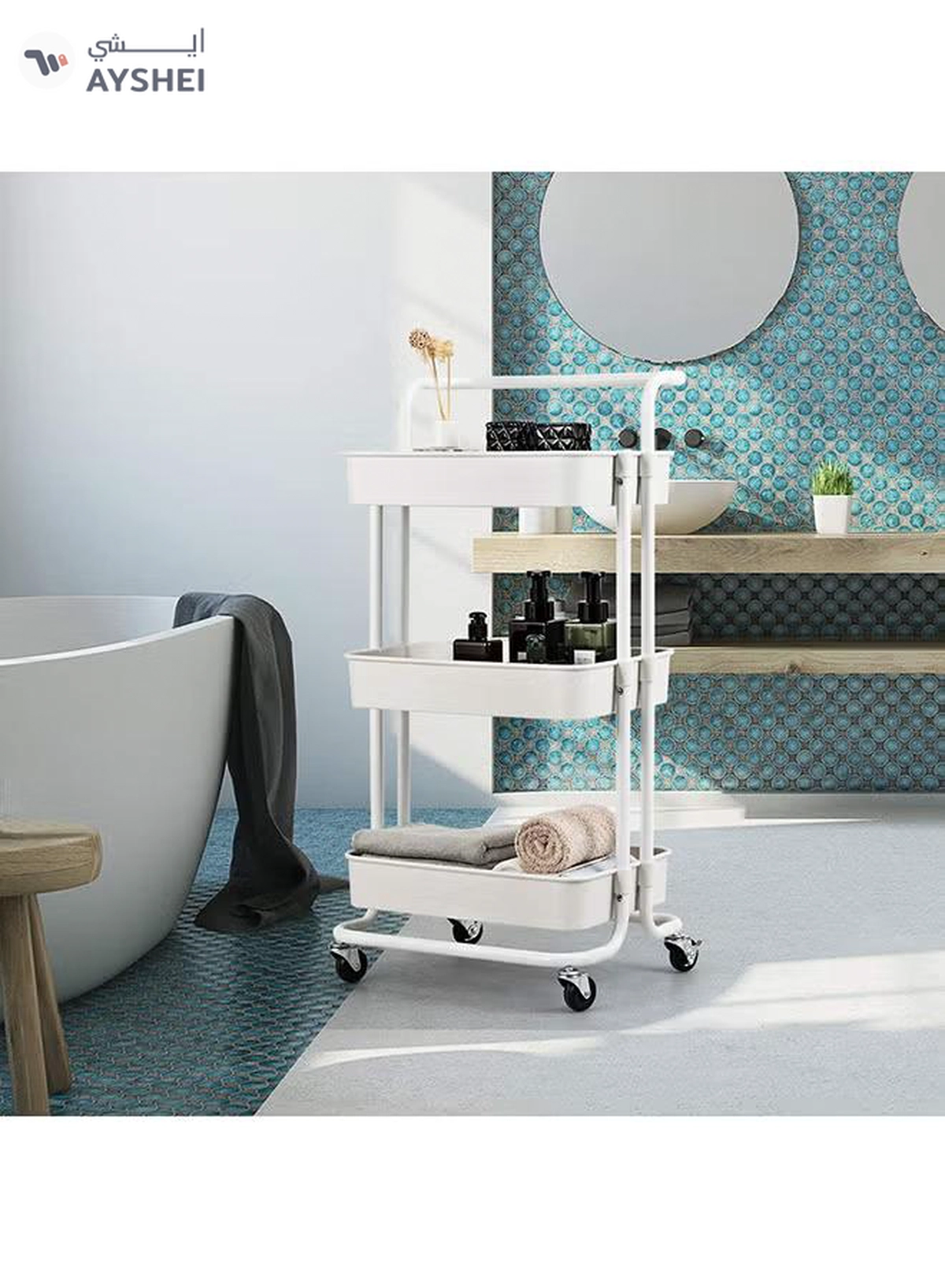 Roman Gifts 3 Tier Trolley Storage Cart With Wheels Pearl White 43.5x33x87cm-1-1