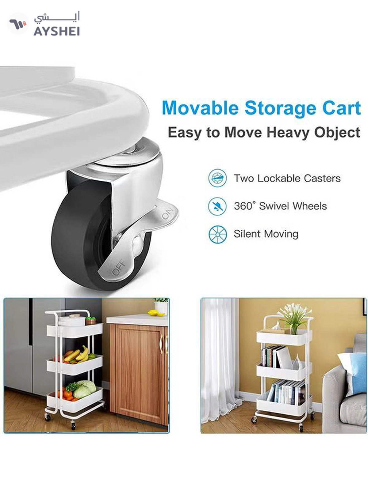 Roman Gifts 3 Tier Trolley Storage Cart With Wheels Pearl White 43.5x33x87cm-3-3