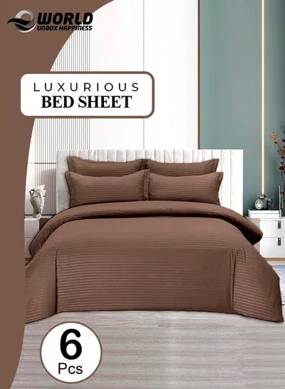 6 Piece Premium King Size Bedding Set, Dark Brown Striped Design and High Quality Cotton Hotel Luxury Bedsheet, Soft Quilt Cover and Pillowcases-0