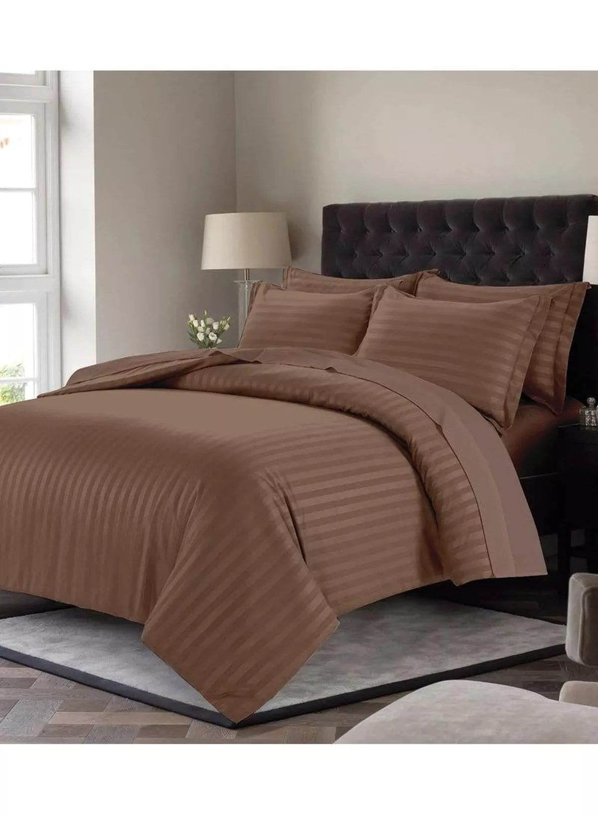 6 Piece Premium King Size Bedding Set, Dark Brown Striped Design and High Quality Cotton Hotel Luxury Bedsheet, Soft Quilt Cover and Pillowcases-4-4