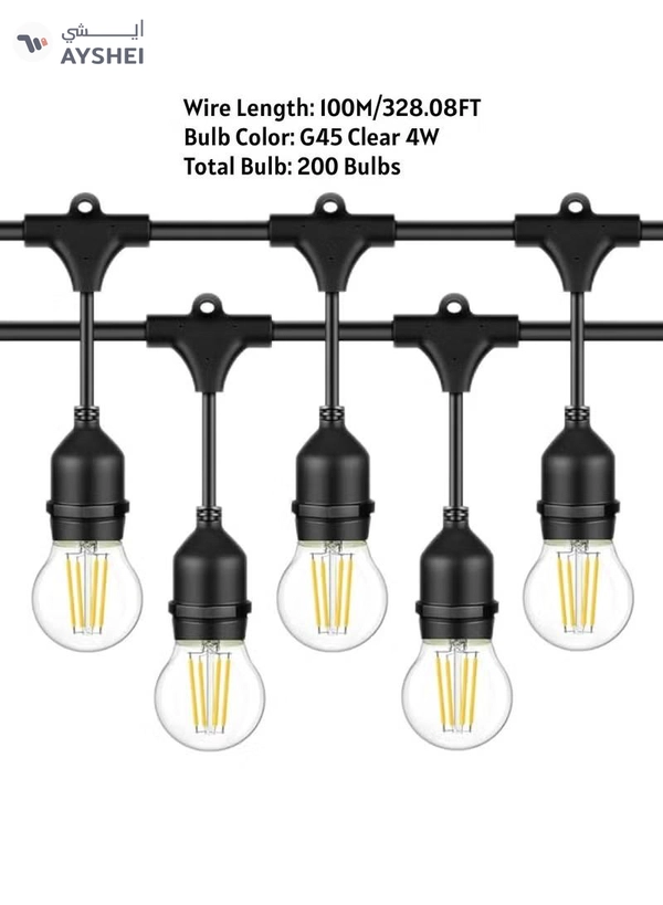 Yuwell Outdoor Waterproof IP65 Led String Lights E27 Holder 100 Meter Bulb Holder Wire With 200 Bulbs 4W G45 Clear With EU Plug Solar Bulb Holder For Ramadan Decoration Lights And Outdoor Decoration Light Hanging Light String Wire Ramadan Light For Commercial Patio Garden & Porch Yard