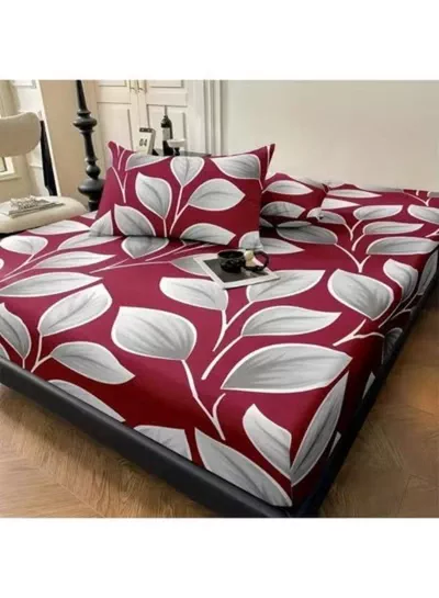 Eworld 3-Piece Flat Bedsheet Set, Festive Red Honeycomb Leaf Design, 100% Cotton, 125 GSM, 1 Flat Sheet + 2 Pillowcases – Available in King, Queen and Single Sizes-1