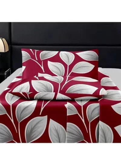 Eworld 3-Piece Flat Bedsheet Set, Festive Red Honeycomb Leaf Design, 100% Cotton, 125 GSM, 1 Flat Sheet + 2 Pillowcases – Available in King, Queen and Single Sizes-2