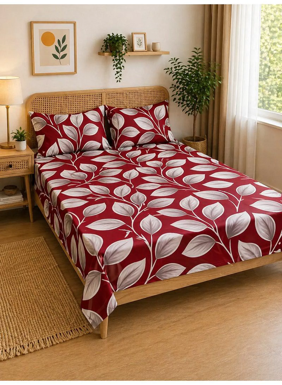 Eworld 3-Piece Flat Bedsheet Set, Festive Red Honeycomb Leaf Design, 100% Cotton, 125 GSM, 1 Flat Sheet + 2 Pillowcases – Available in King, Queen and Single Sizes