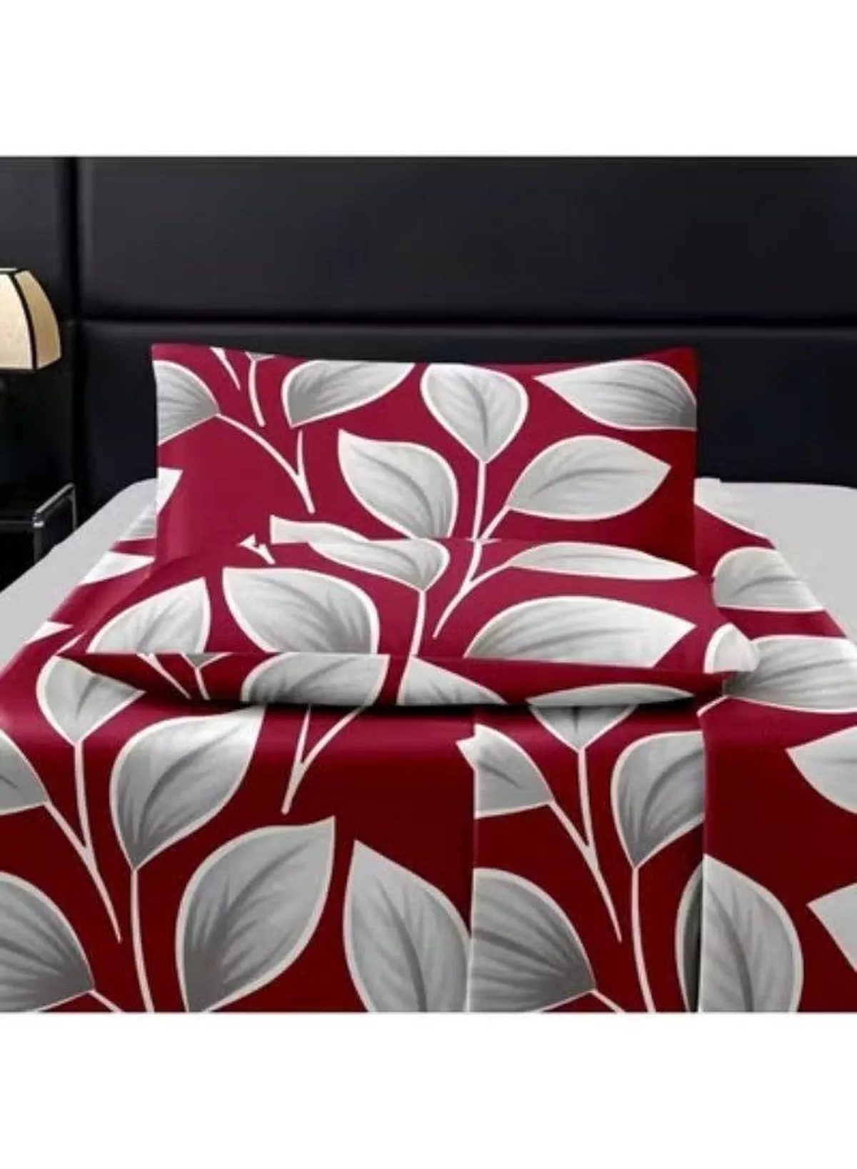 Eworld 3-Piece Flat Bedsheet Set, Festive Red Honeycomb Leaf Design, 100% Cotton, 125 GSM, 1 Flat Sheet + 2 Pillowcases – Available in King, Queen and Single Sizes-2-2