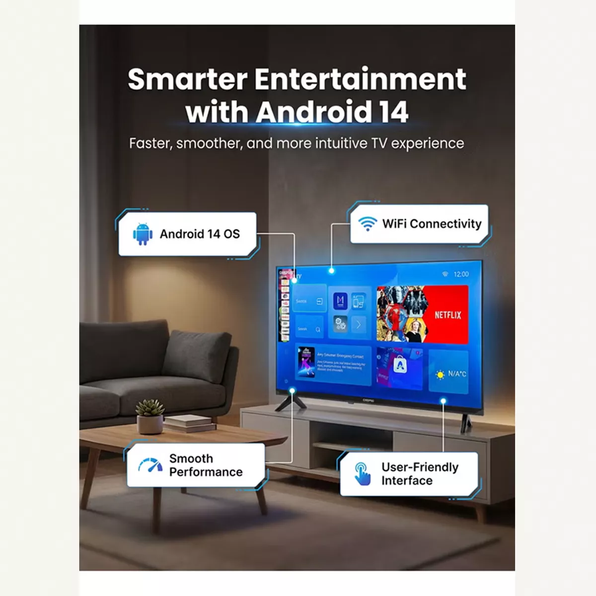 GEEPAS 32 Inch HD Smart LED TV With Remote Control, HDMI And USB Ports, Head Phone Jack, PC Audio In ,Wi-Fi, Android 14.0 With E-Share,YouTube Etc GLED3202SCHD Black-4-4