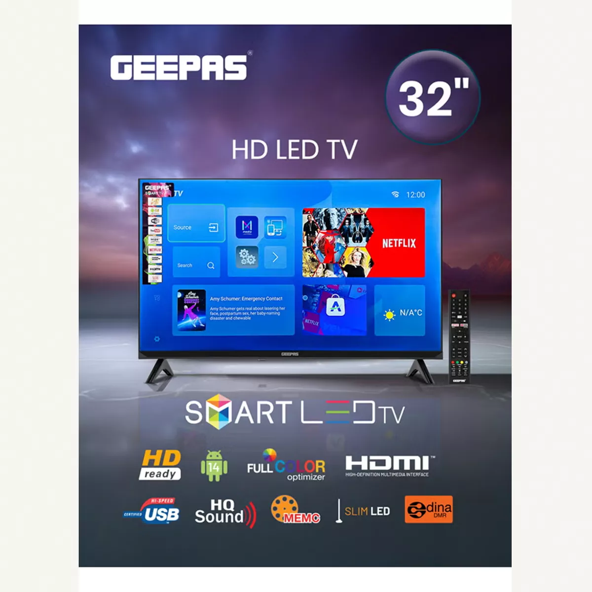 GEEPAS 32 Inch HD Smart LED TV With Remote Control, HDMI And USB Ports, Head Phone Jack, PC Audio In ,Wi-Fi, Android 14.0 With E-Share,YouTube Etc GLED3202SCHD Black-5-5