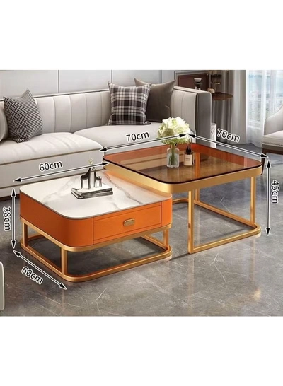 DubaiGallery Premium Double Coffee Table Set for Living Room, Marble Storage Side Table + Glass Top Large Center Table, Gold Steel Base, Modern Home Furniture-2