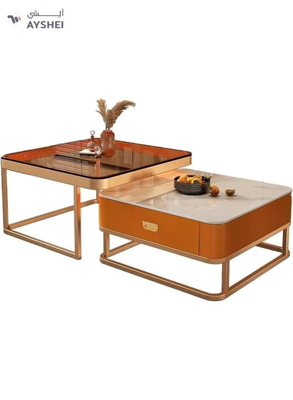 DubaiGallery Premium Double Coffee Table Set for Living Room, Marble Storage Side Table + Glass Top Large Center Table, Gold Steel Base, Modern Home Furniture